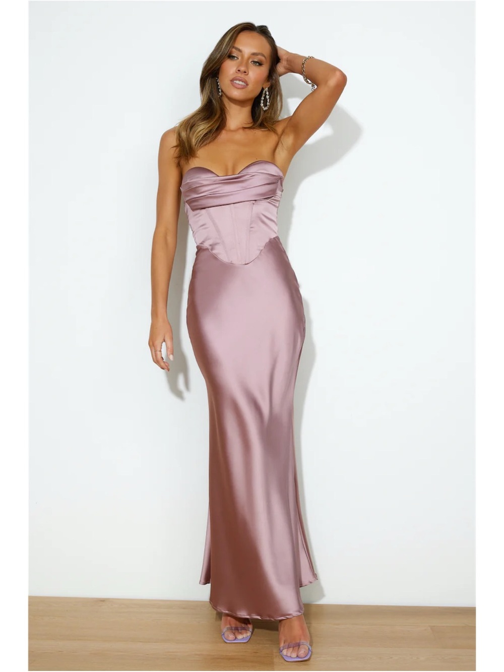 HELLO MOLLY Corset Bodice Loves Luxe Satin Maxi Dress in Mauve Size XL/10